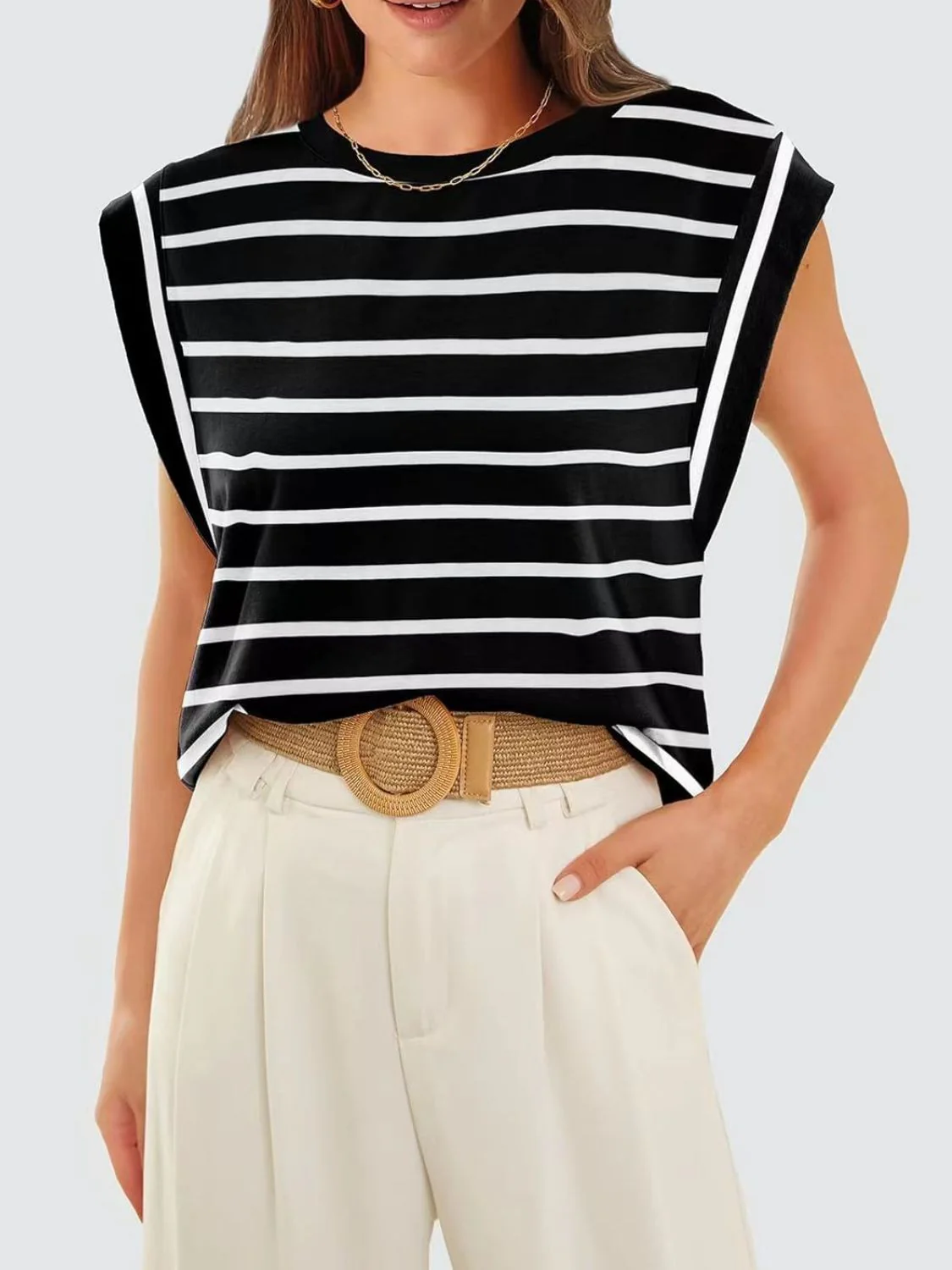 Florira Striped Round Neck Cap Sleeve T-Shirt - Image 7