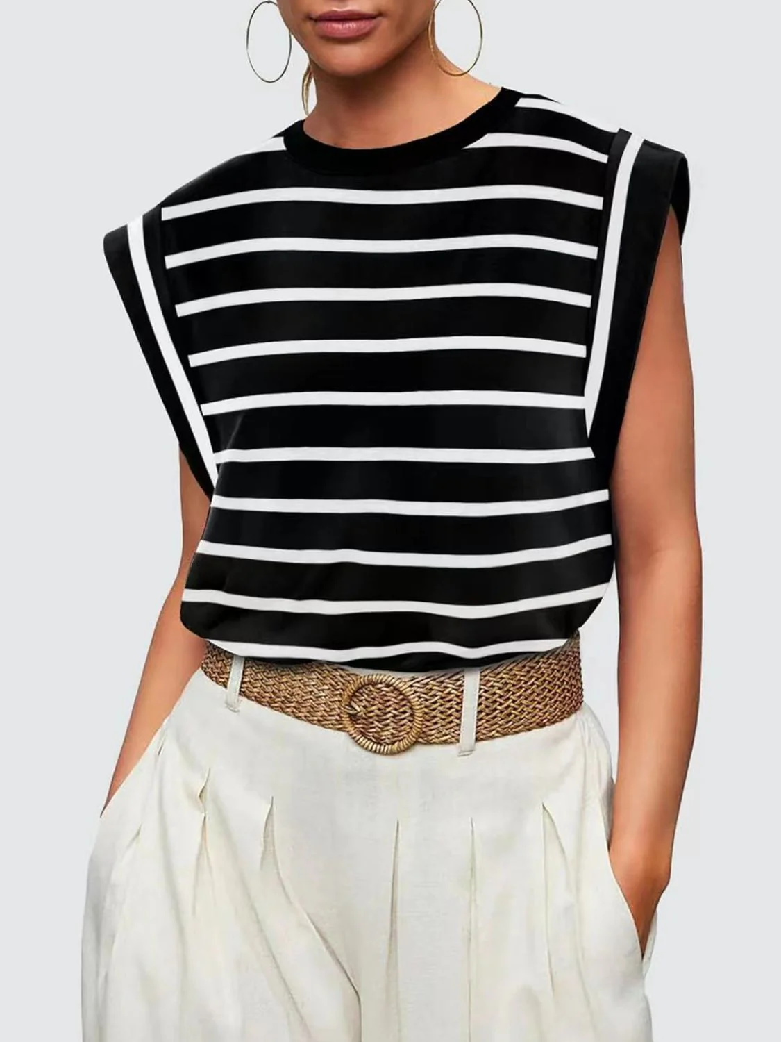 Florira Striped Round Neck Cap Sleeve T-Shirt - Image 8