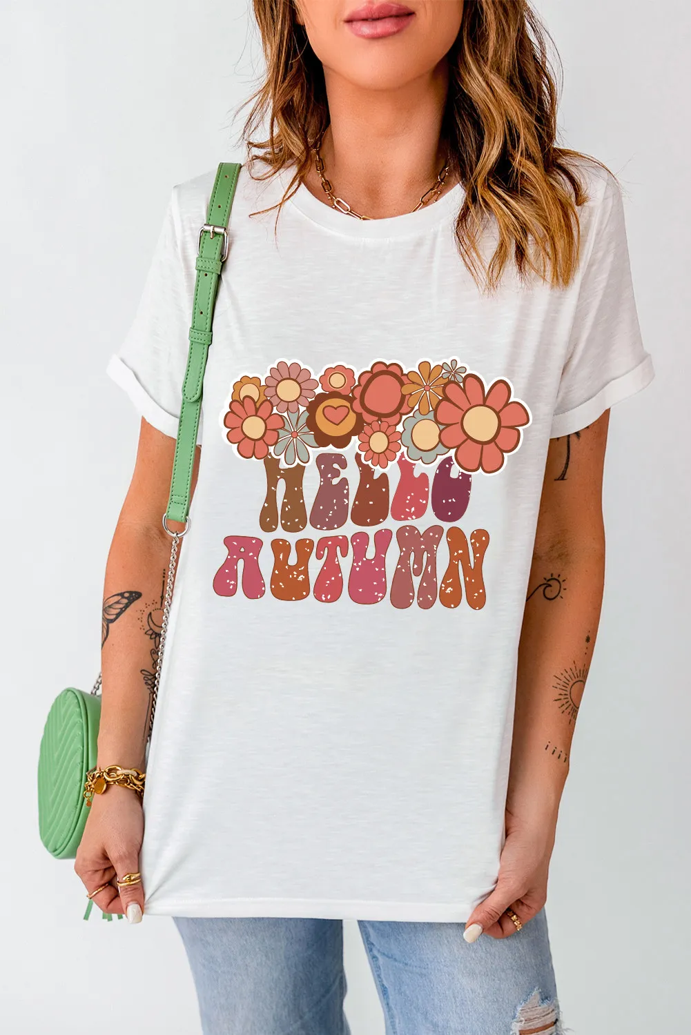 Flower & Letter Graphic Round Neck Short Sleeve T-Shirt - Image 2