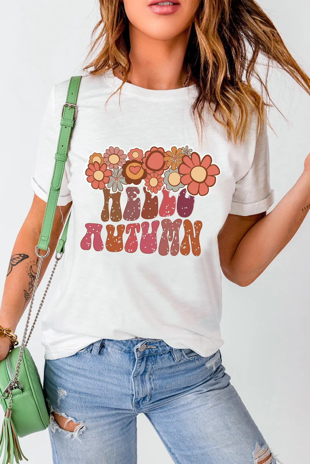Flower & Letter Graphic Round Neck Short Sleeve T-Shirt - Image 3
