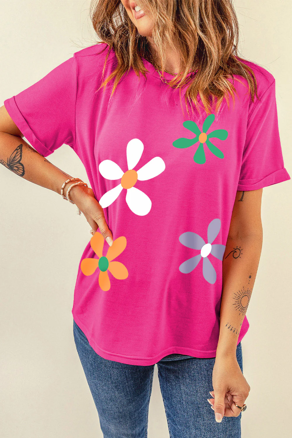Flower Round Neck Short Sleeve T-Shirt - Image 2