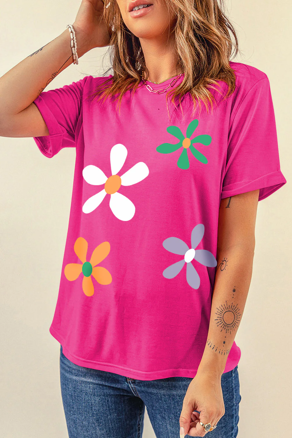 Flower Round Neck Short Sleeve T-Shirt - Image 3