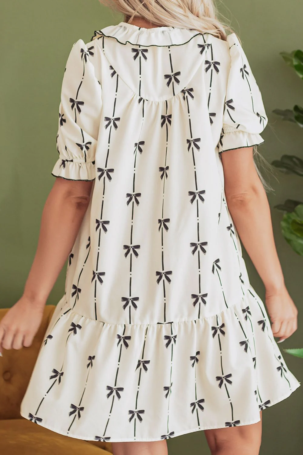Frill Bow Print Notched Short Sleeve Mini Dress - Image 4