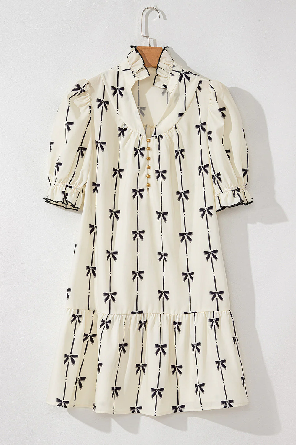 Frill Bow Print Notched Short Sleeve Mini Dress - Image 5