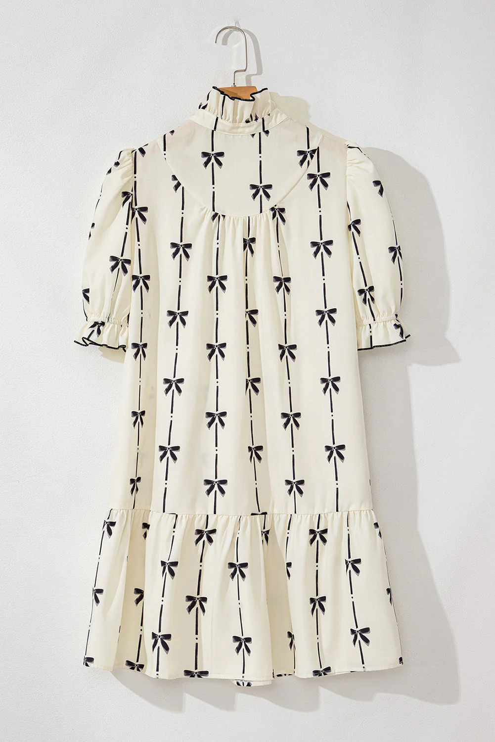 Frill Bow Print Notched Short Sleeve Mini Dress - Image 6