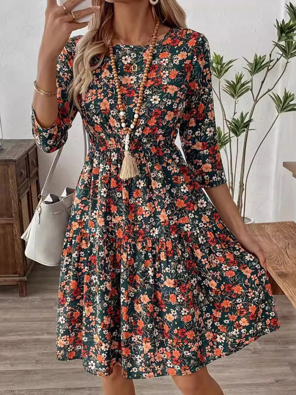 Frill Floral Round Neck Dress - Image 2