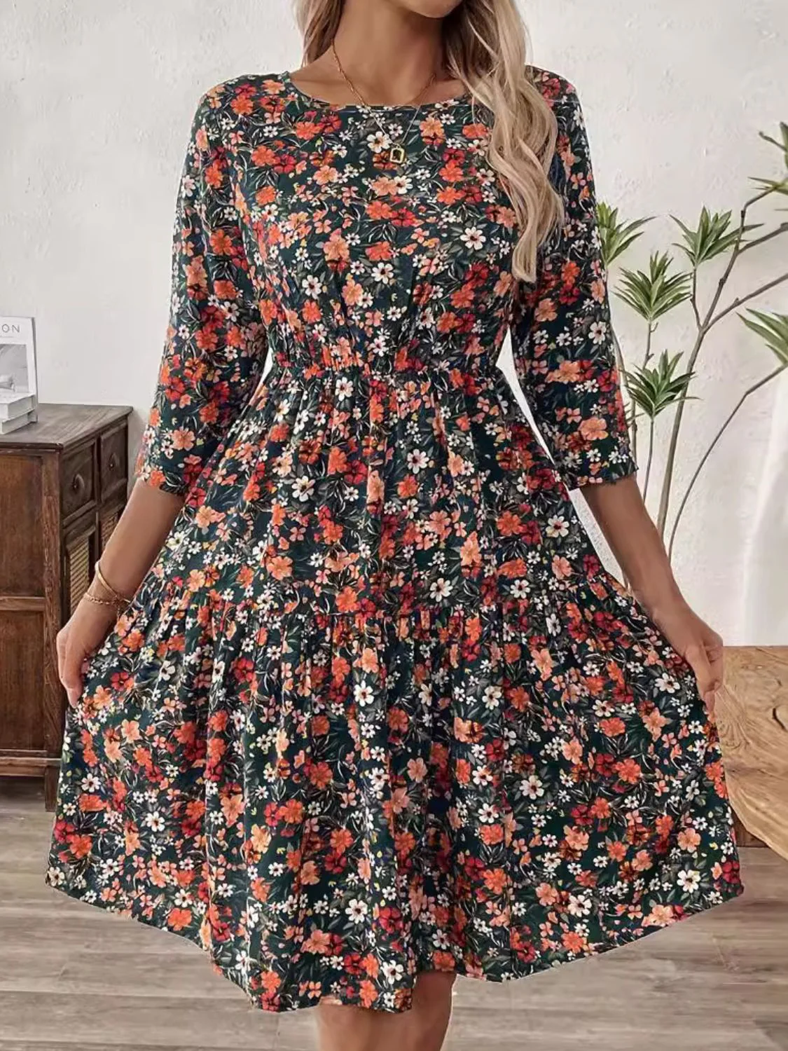 Frill Floral Round Neck Dress - Image 4