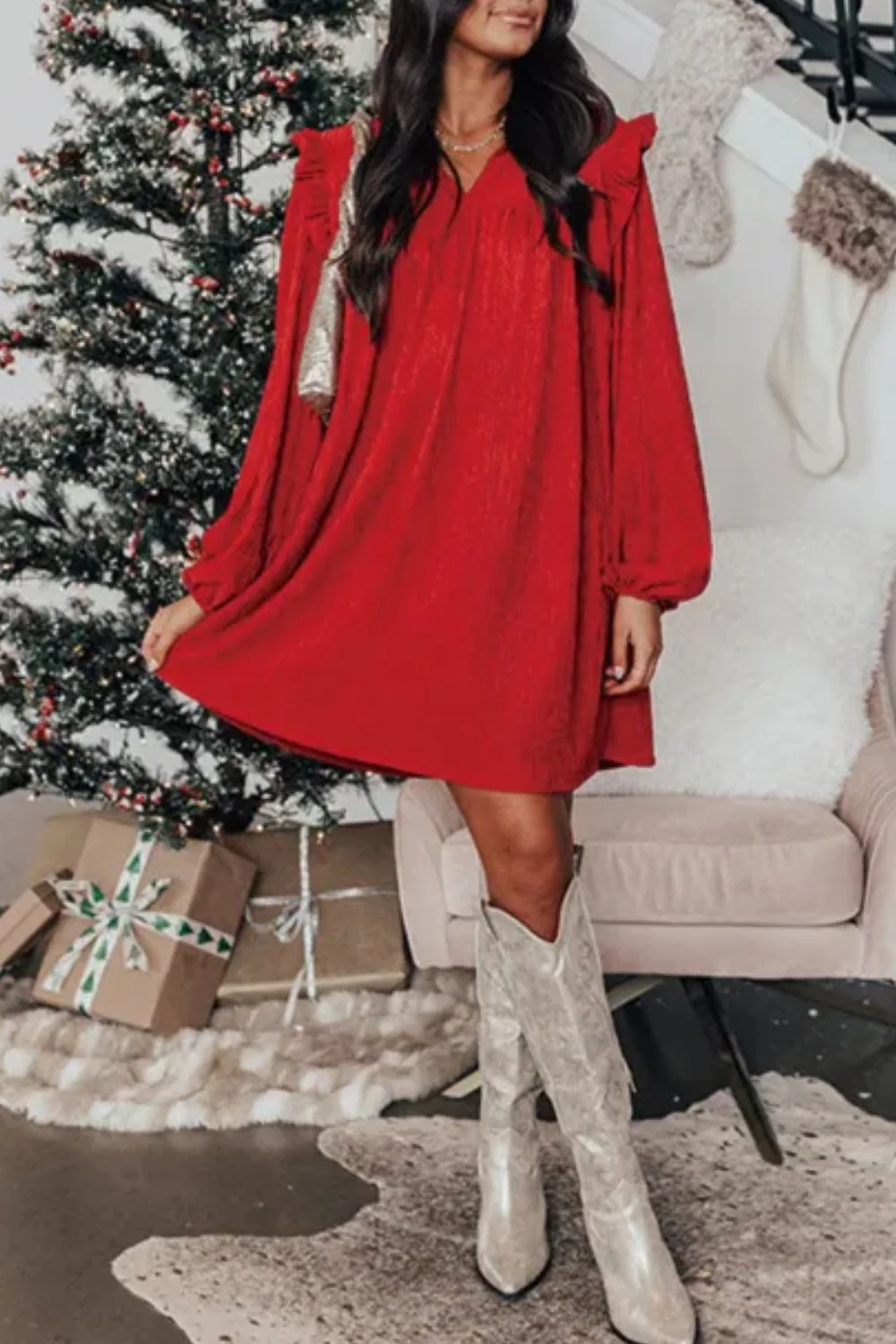 Frill Notched Long Sleeve Dress - Image 2