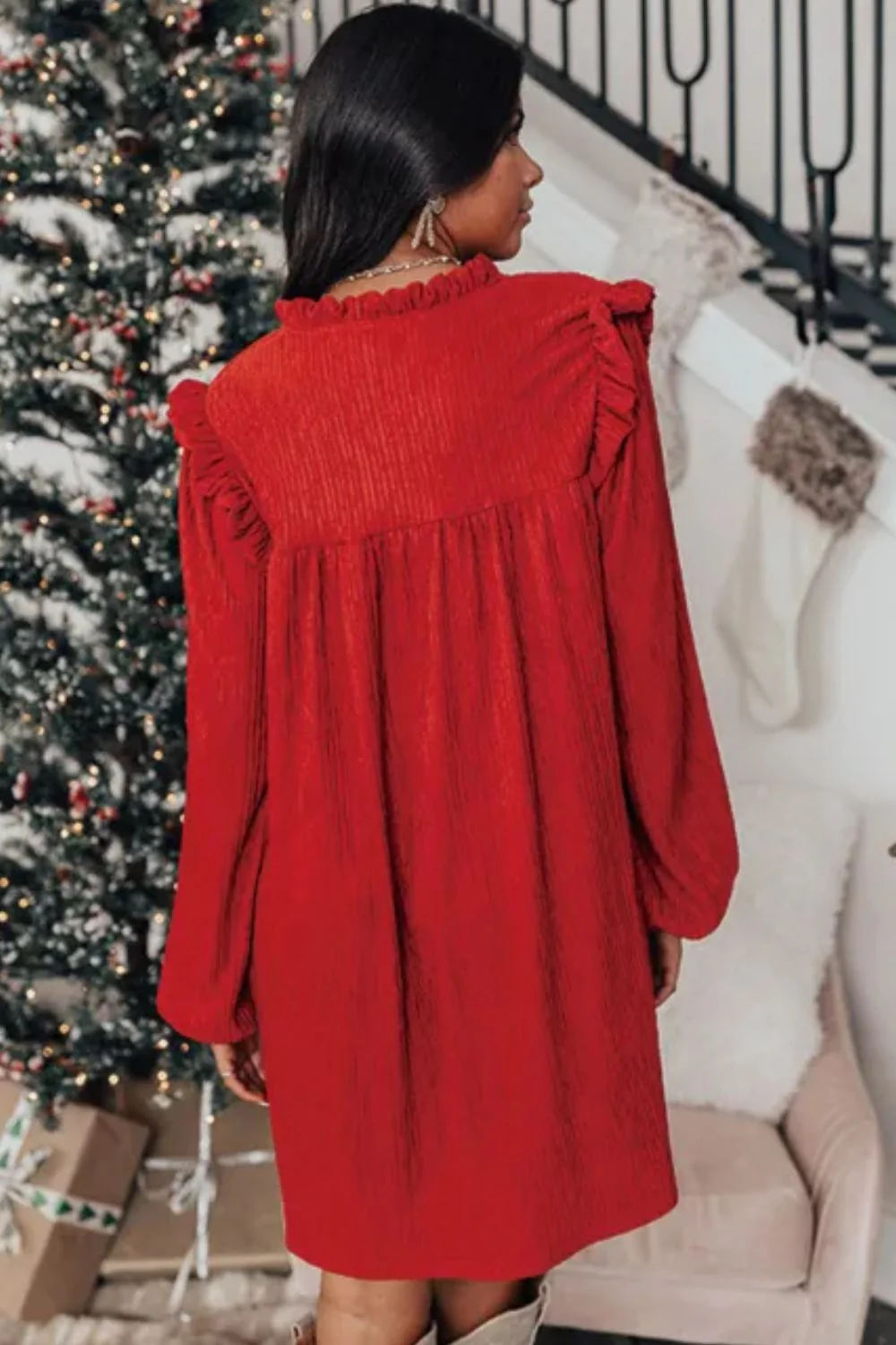 Frill Notched Long Sleeve Dress - Image 3