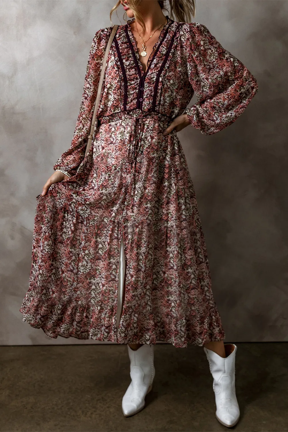 Frill Printed V-Neck Long Sleeve Midi Dress - Image 2