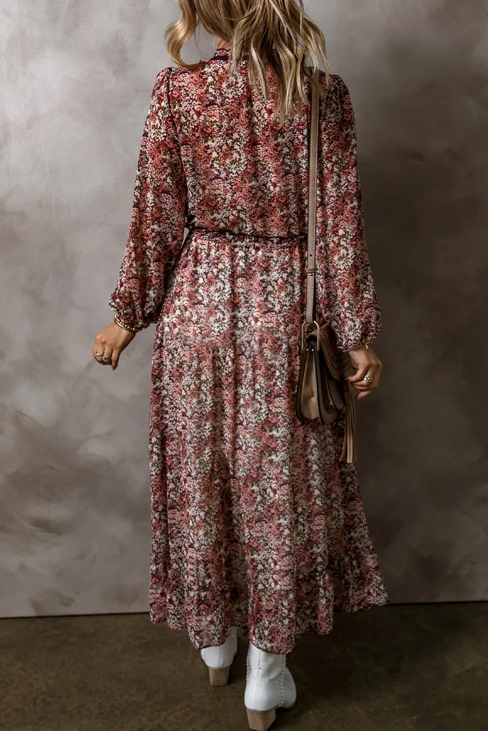 Frill Printed V-Neck Long Sleeve Midi Dress - Image 3