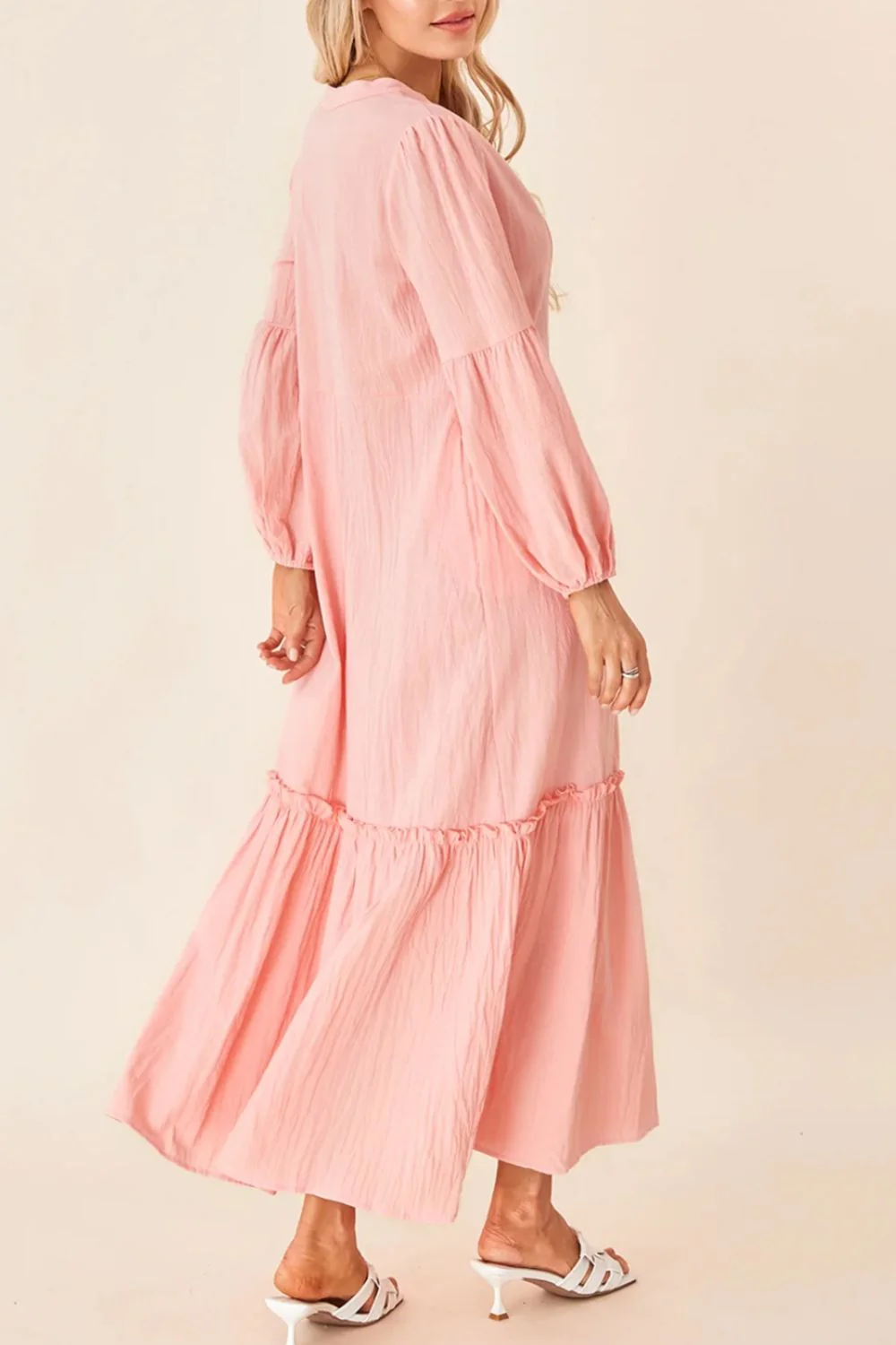 Frill Tiered Tie Neck Long Sleeve Dress - Image 2