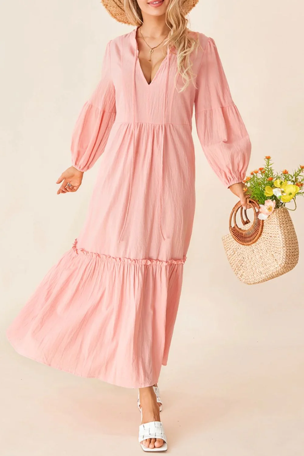 Frill Tiered Tie Neck Long Sleeve Dress - Image 3