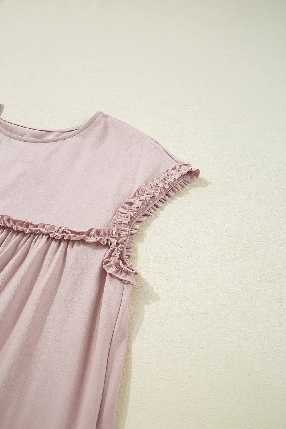 Frilled Trim Crew Neck Cap Sleeve Loose Fit Mini Dress - Image 10