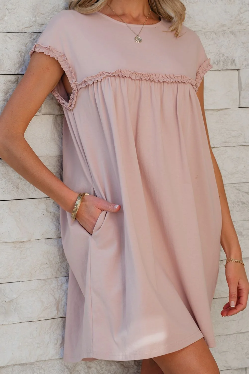 Frilled Trim Crew Neck Cap Sleeve Loose Fit Mini Dress - Image 2