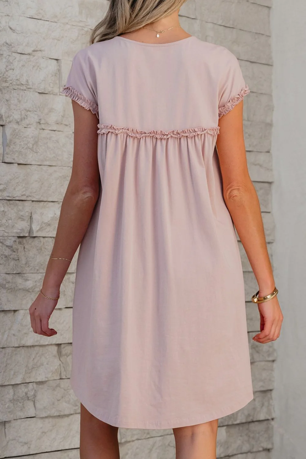 Frilled Trim Crew Neck Cap Sleeve Loose Fit Mini Dress - Image 3