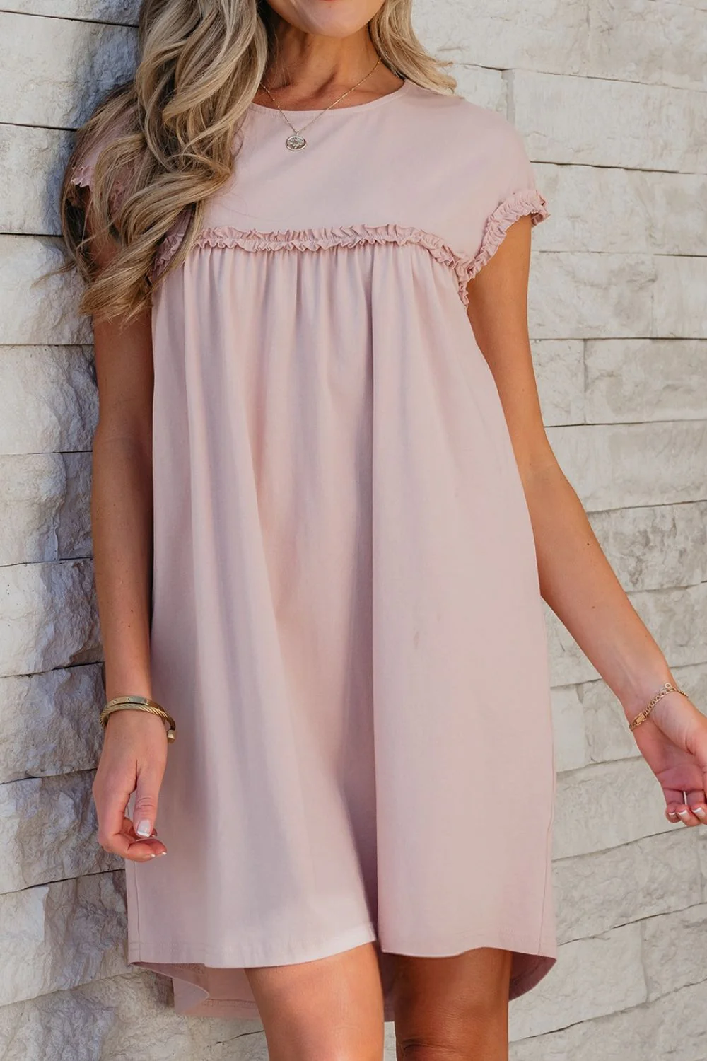 Frilled Trim Crew Neck Cap Sleeve Loose Fit Mini Dress - Image 4