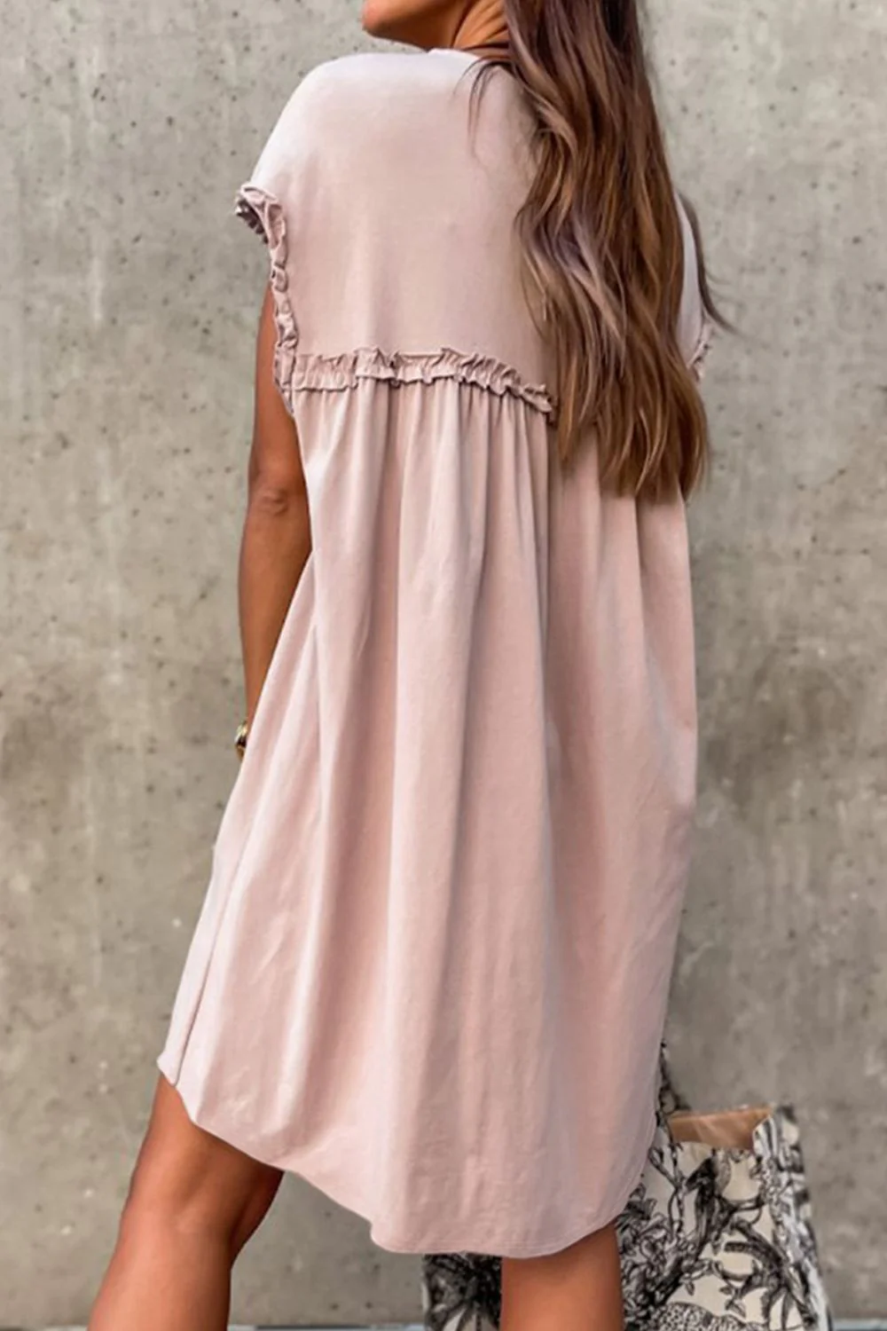 Frilled Trim Crew Neck Cap Sleeve Loose Fit Mini Dress - Image 6