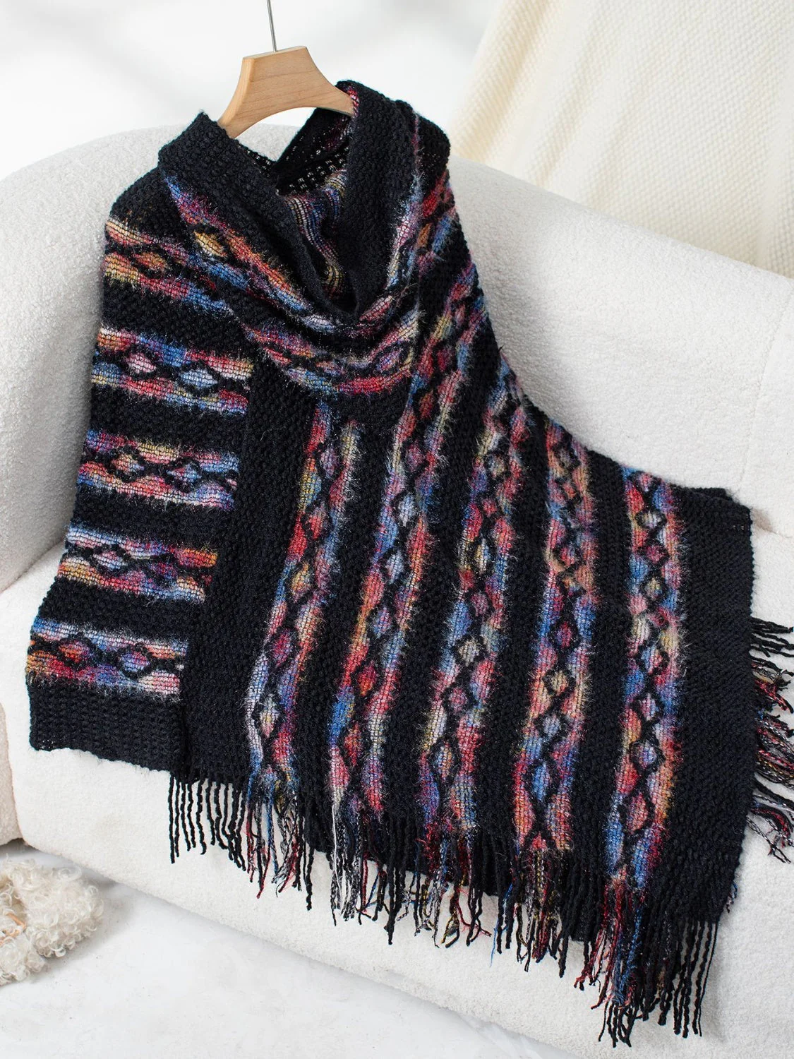 Fringe Contrast Hooded Poncho - Image 10