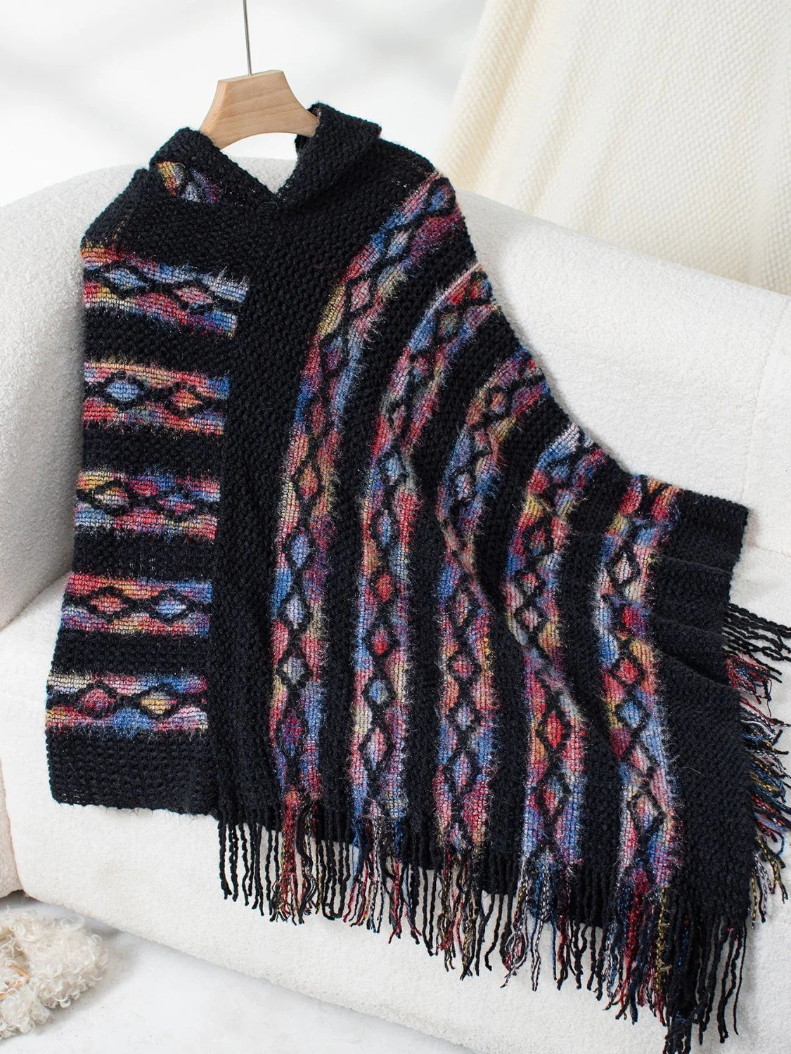 Fringe Contrast Hooded Poncho - Image 11