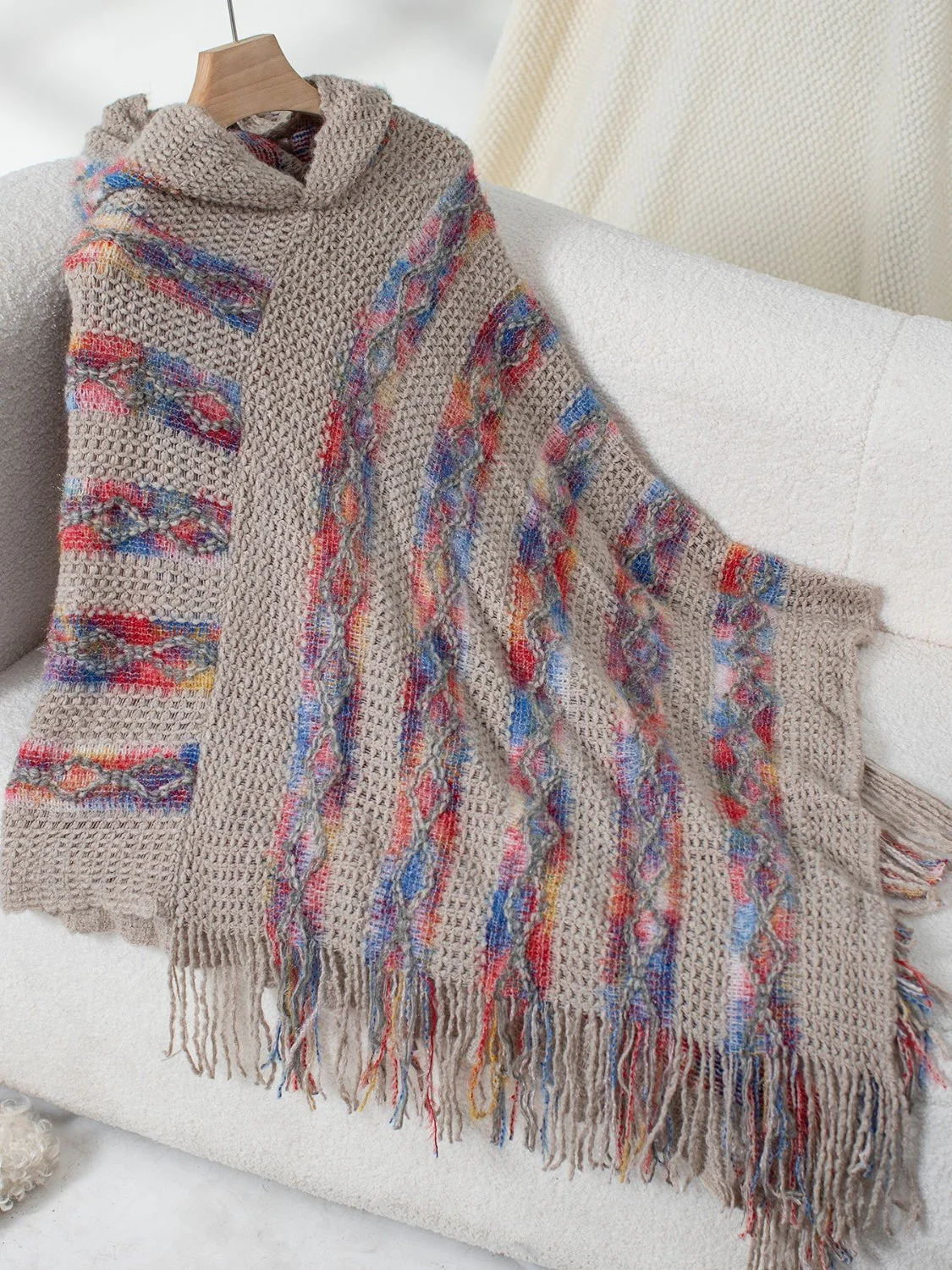 Fringe Contrast Hooded Poncho - Image 13