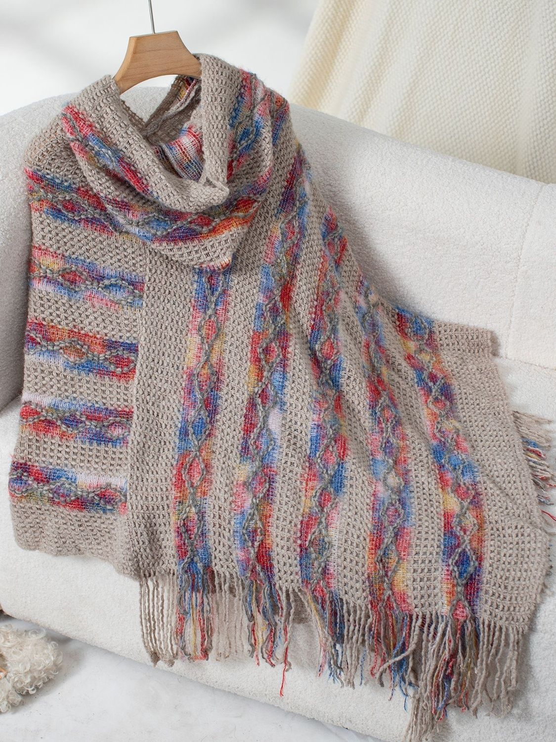 Fringe Contrast Hooded Poncho - Image 14