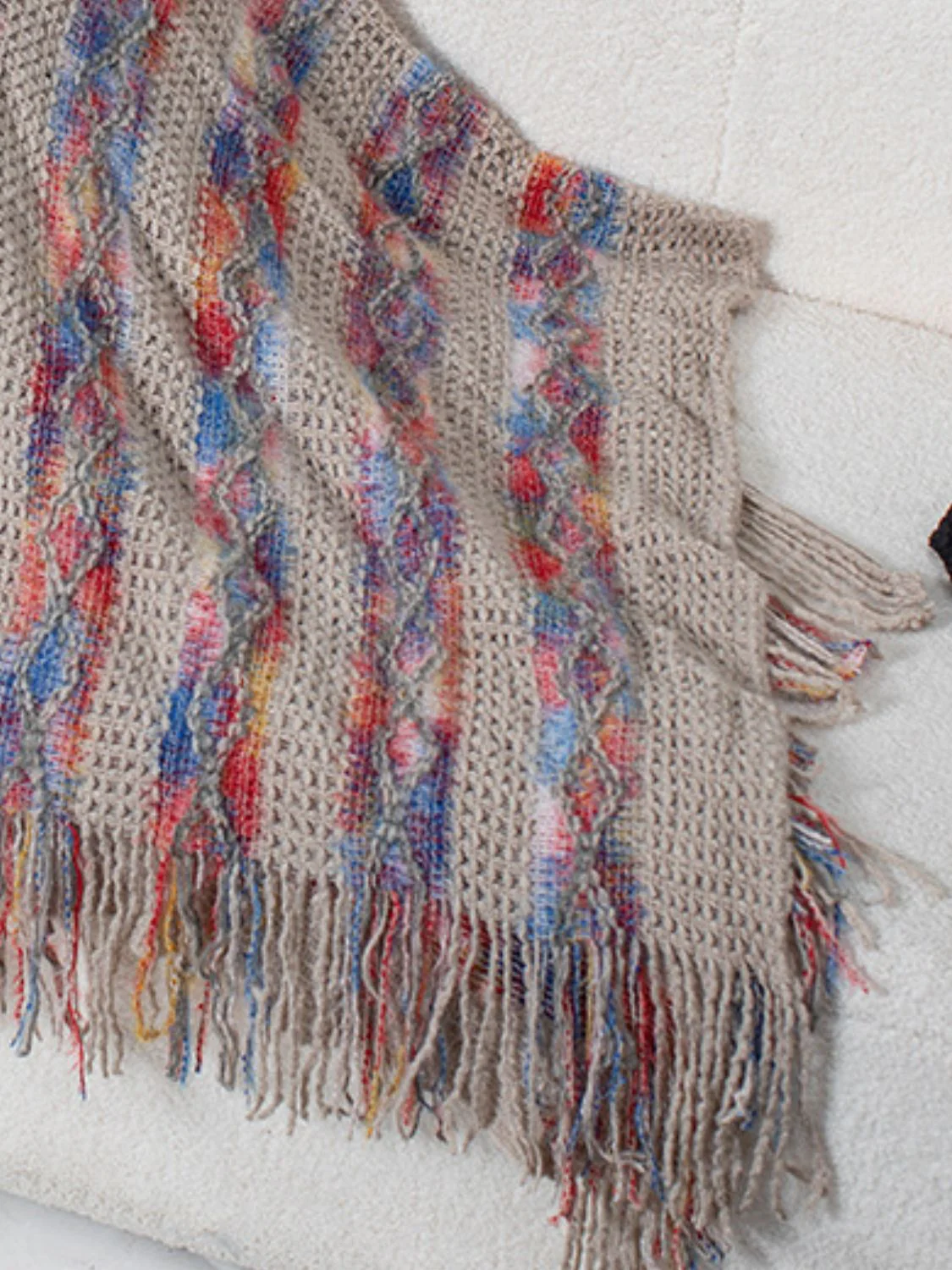 Fringe Contrast Hooded Poncho - Image 15