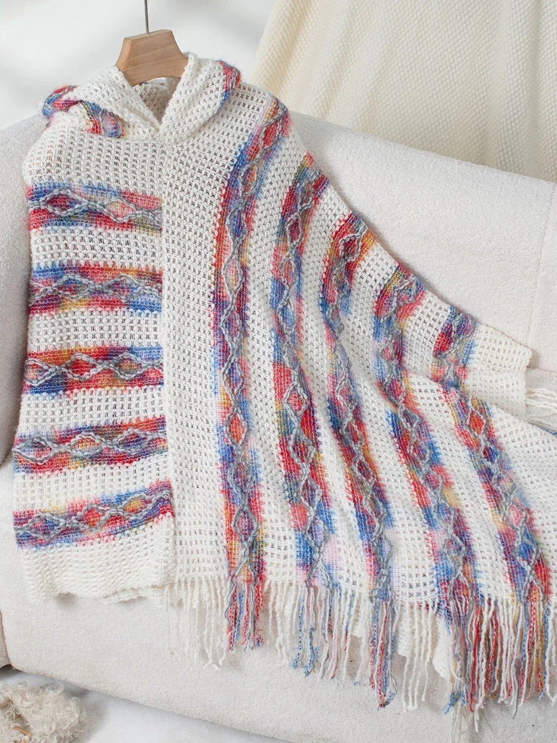 Fringe Contrast Hooded Poncho - Image 16