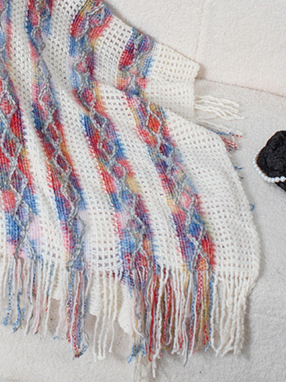 Fringe Contrast Hooded Poncho - Image 18