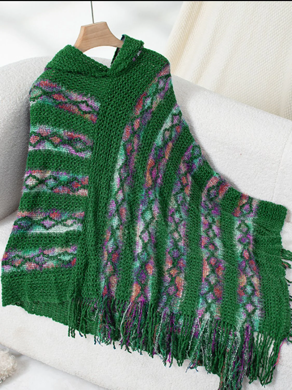 Fringe Contrast Hooded Poncho - Image 19