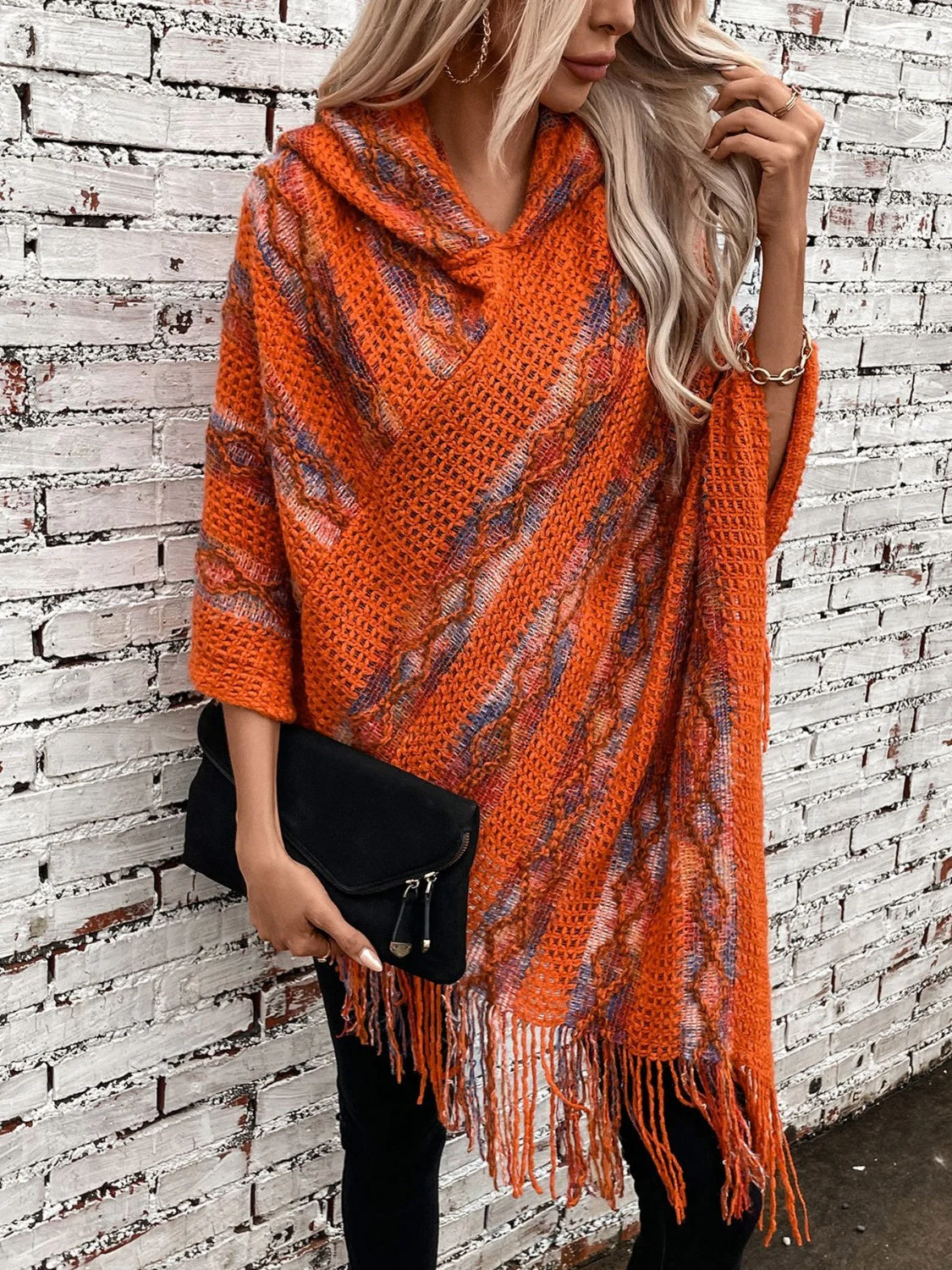 Fringe Contrast Hooded Poncho - Image 2