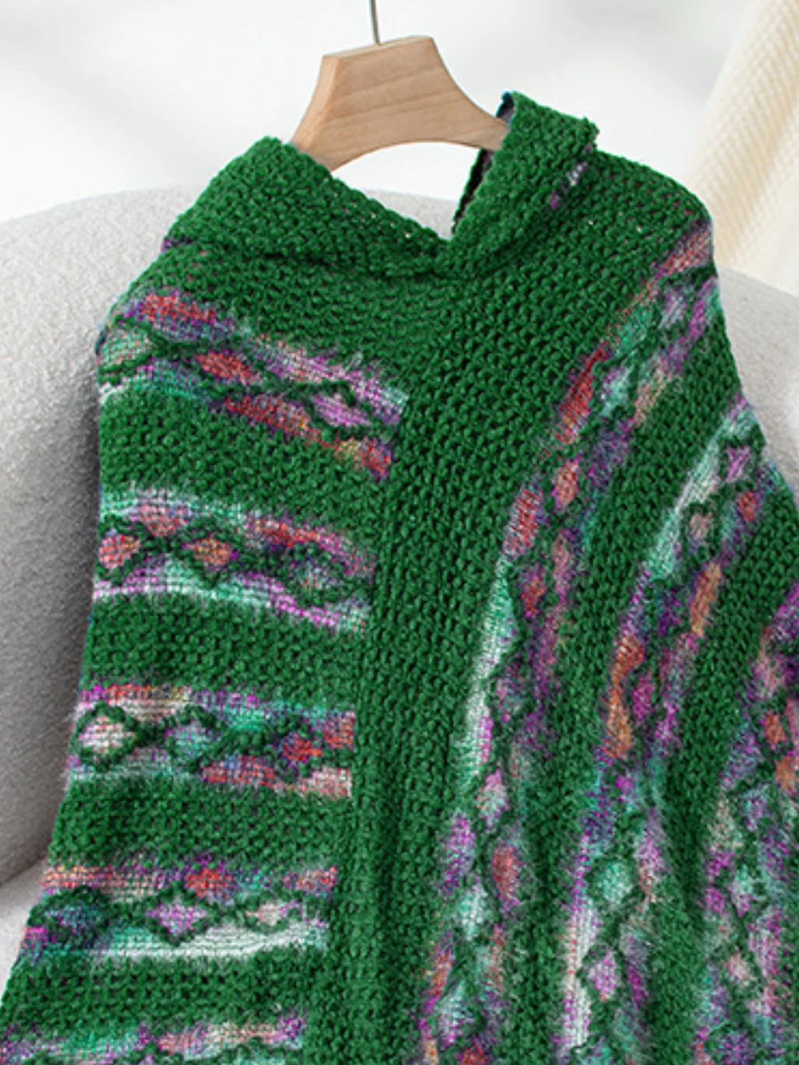 Fringe Contrast Hooded Poncho - Image 20