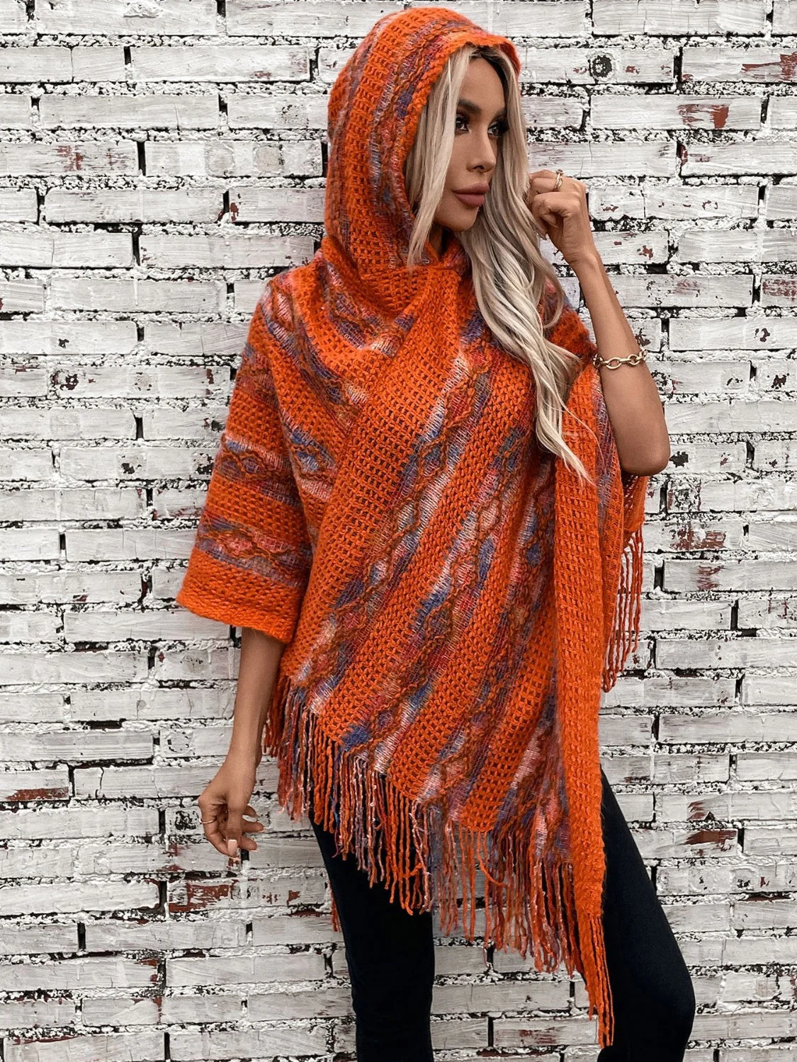 Fringe Contrast Hooded Poncho - Image 3