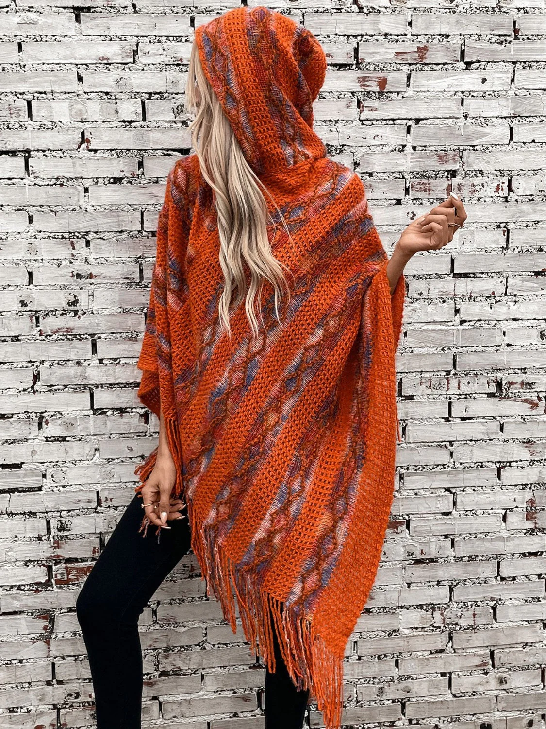 Fringe Contrast Hooded Poncho - Image 4