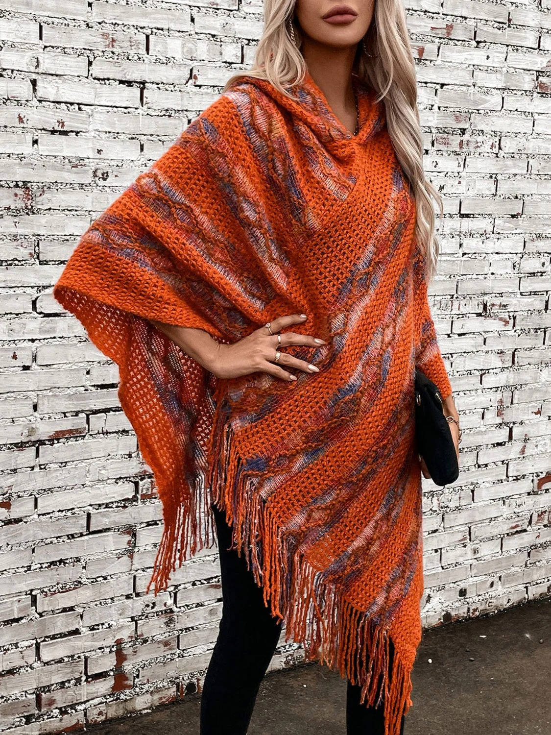 Fringe Contrast Hooded Poncho - Image 5
