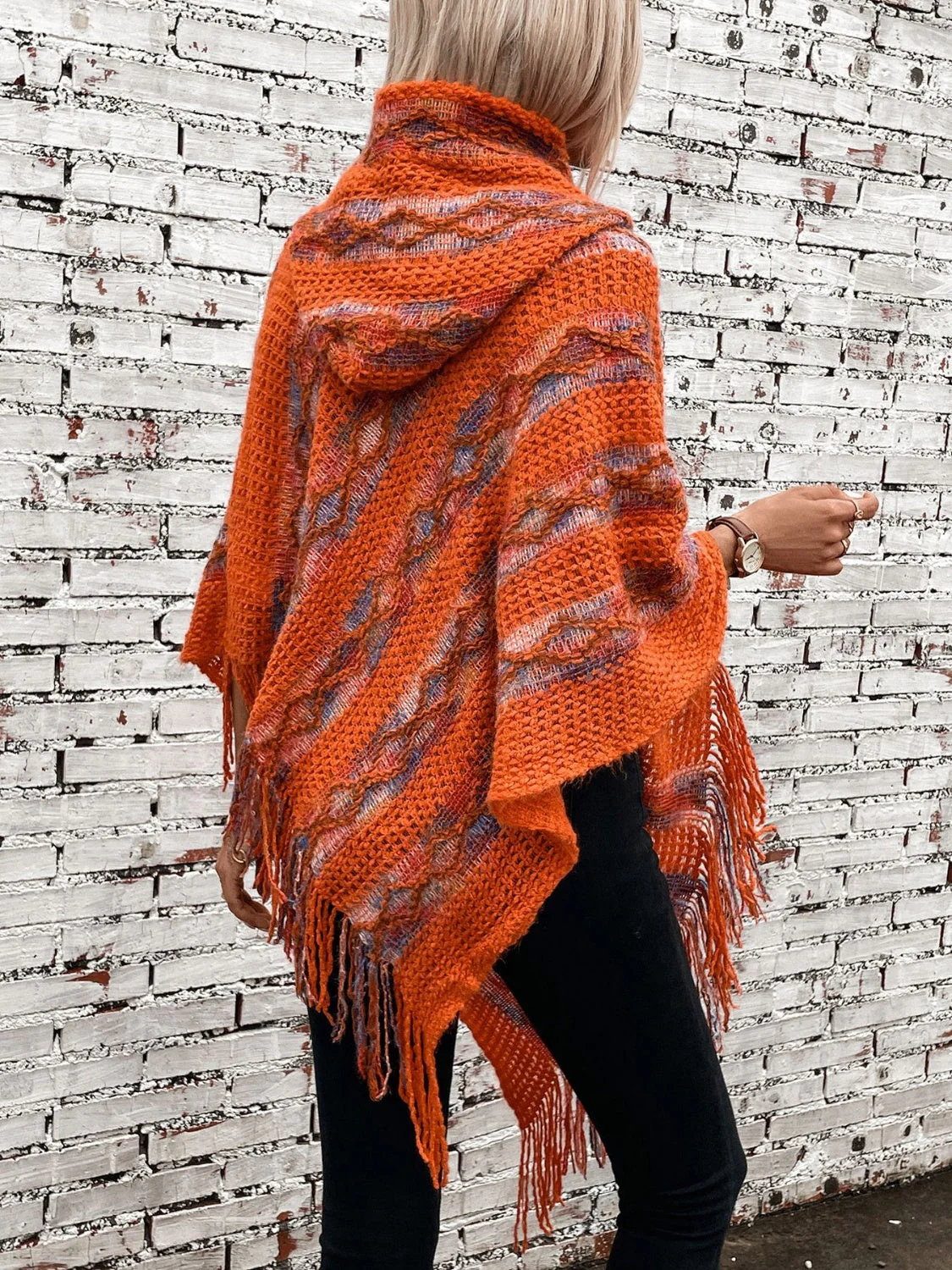 Fringe Contrast Hooded Poncho - Image 6