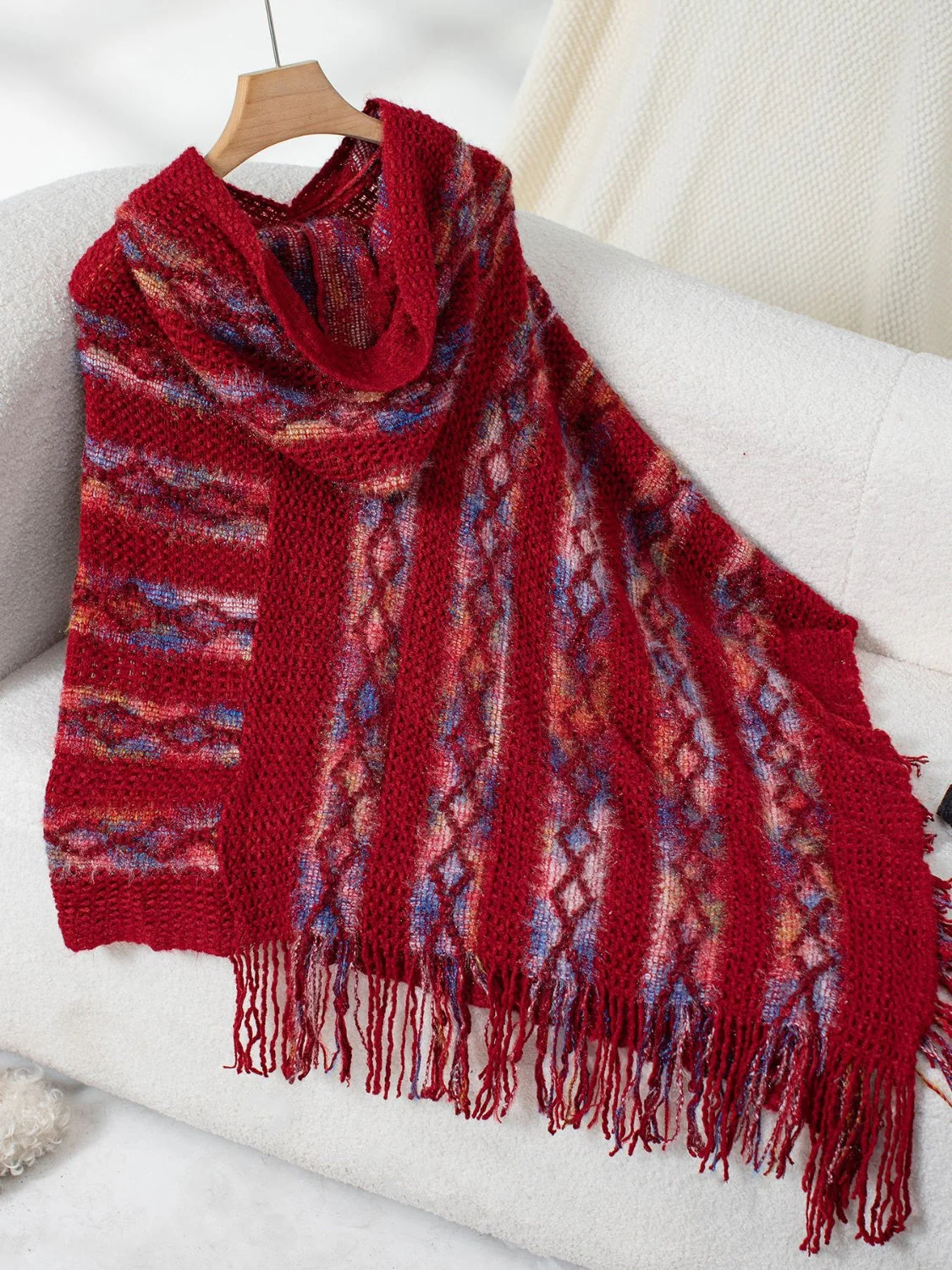 Fringe Contrast Hooded Poncho - Image 7