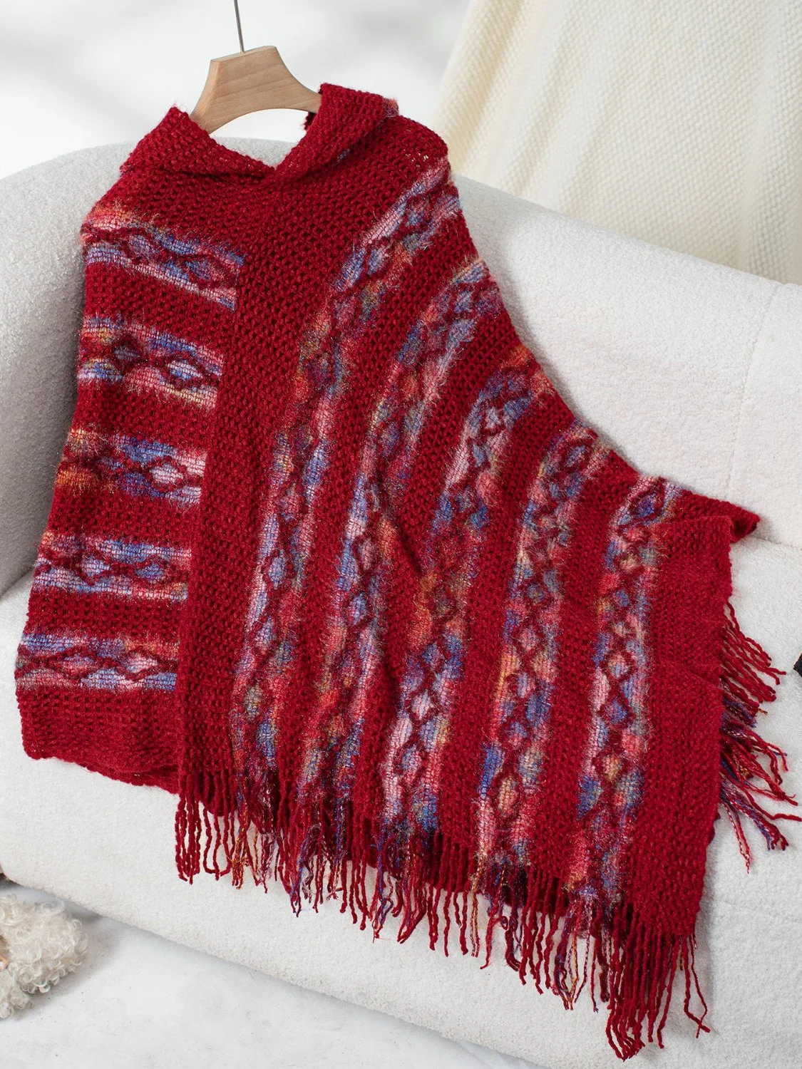 Fringe Contrast Hooded Poncho - Image 8