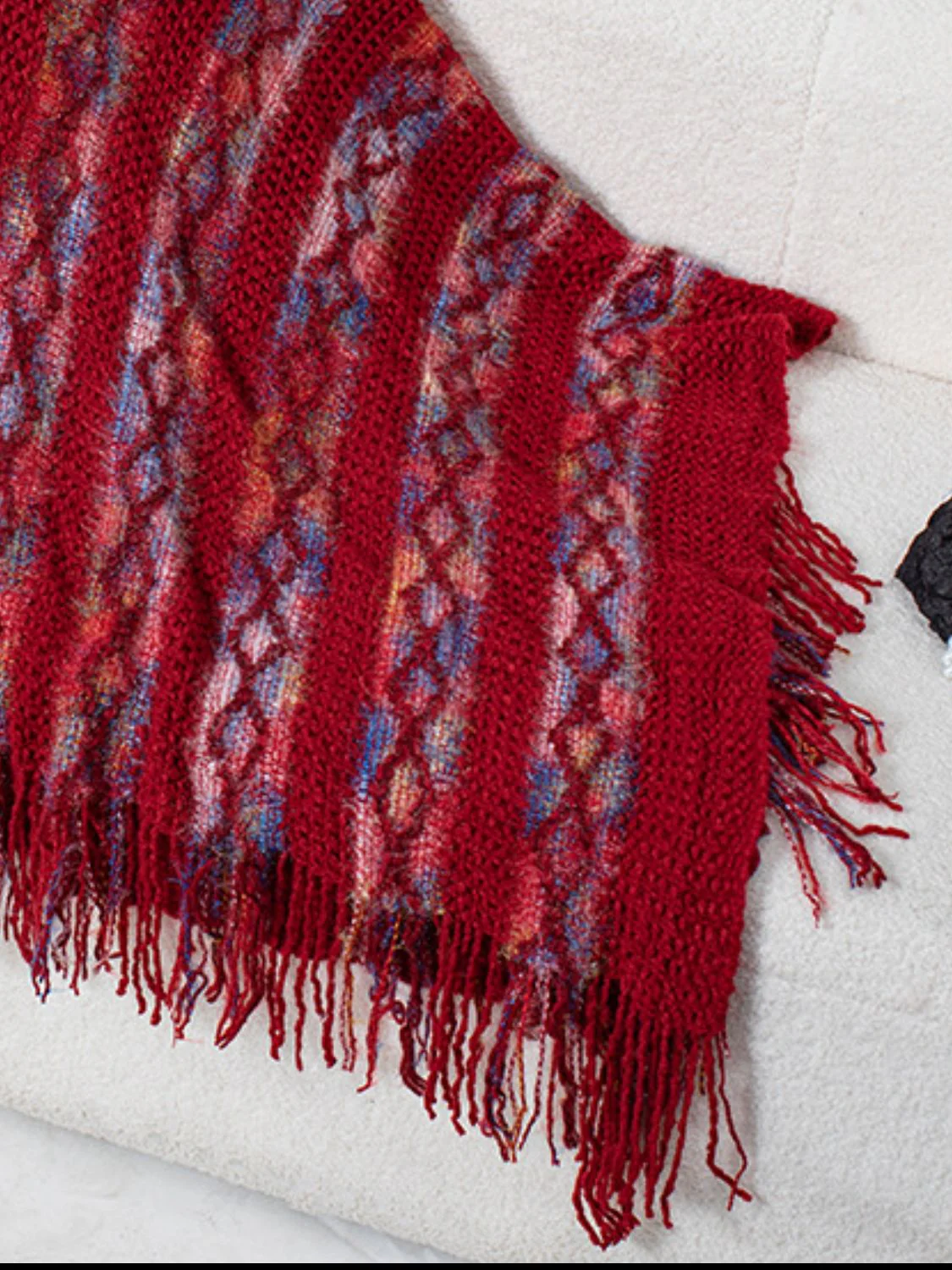 Fringe Contrast Hooded Poncho - Image 9