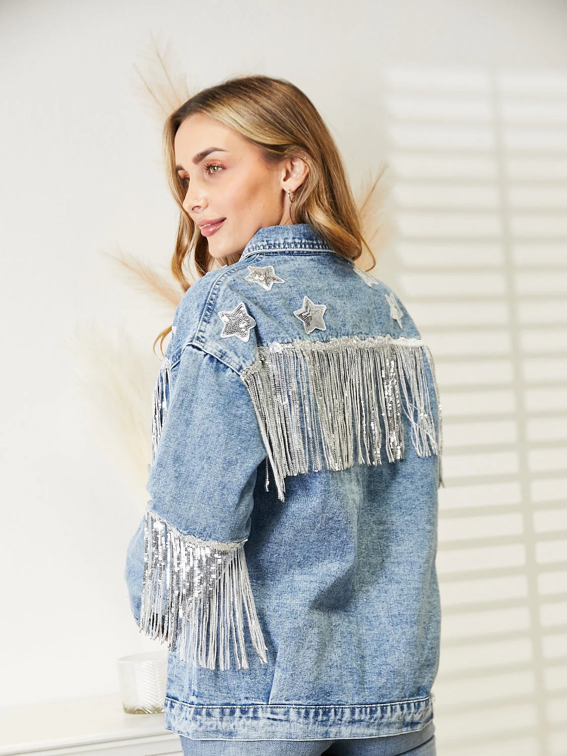Fringe Detail Long Sleeve Denim Jacket - Image 2