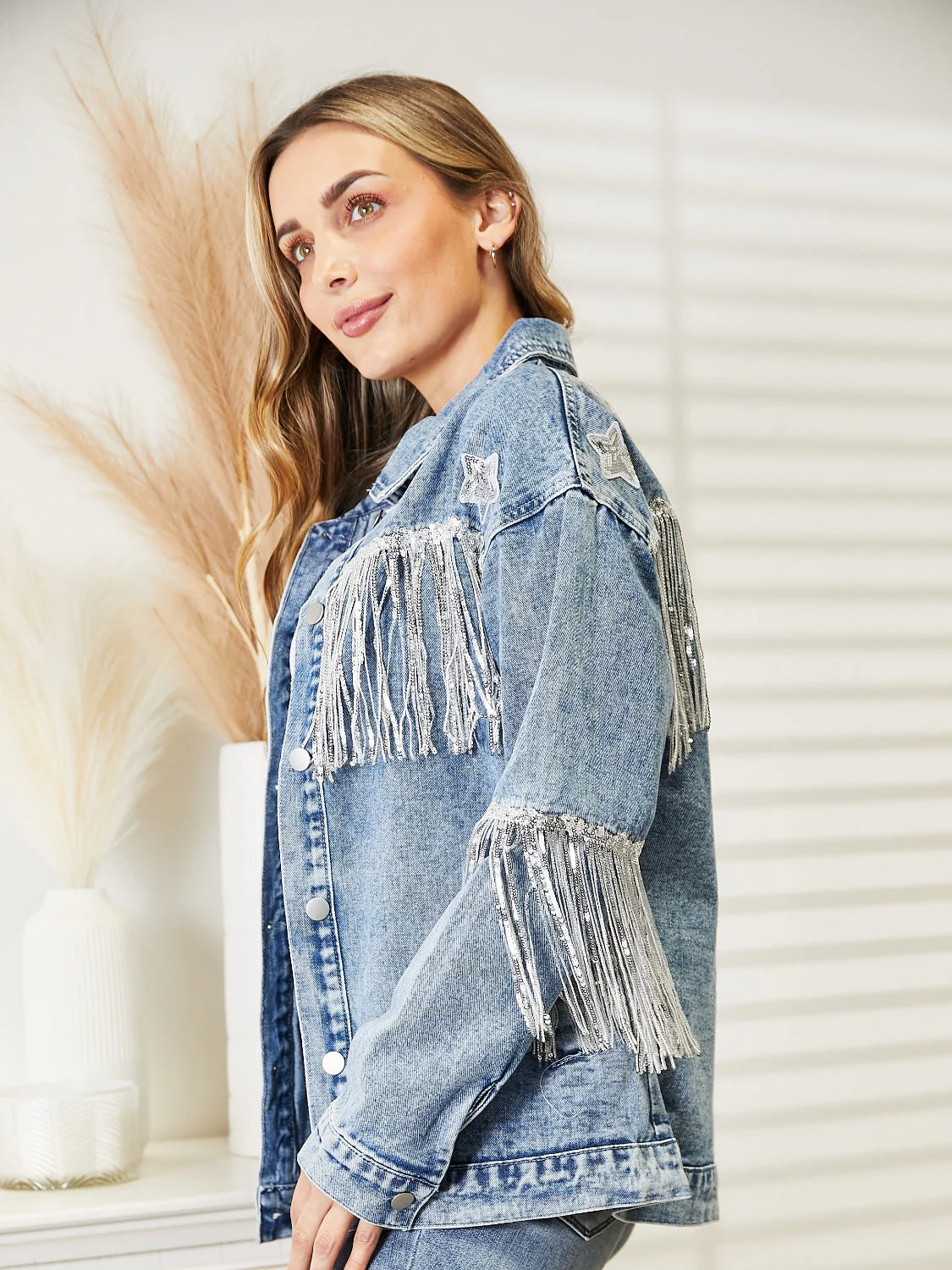 Fringe Detail Long Sleeve Denim Jacket - Image 3