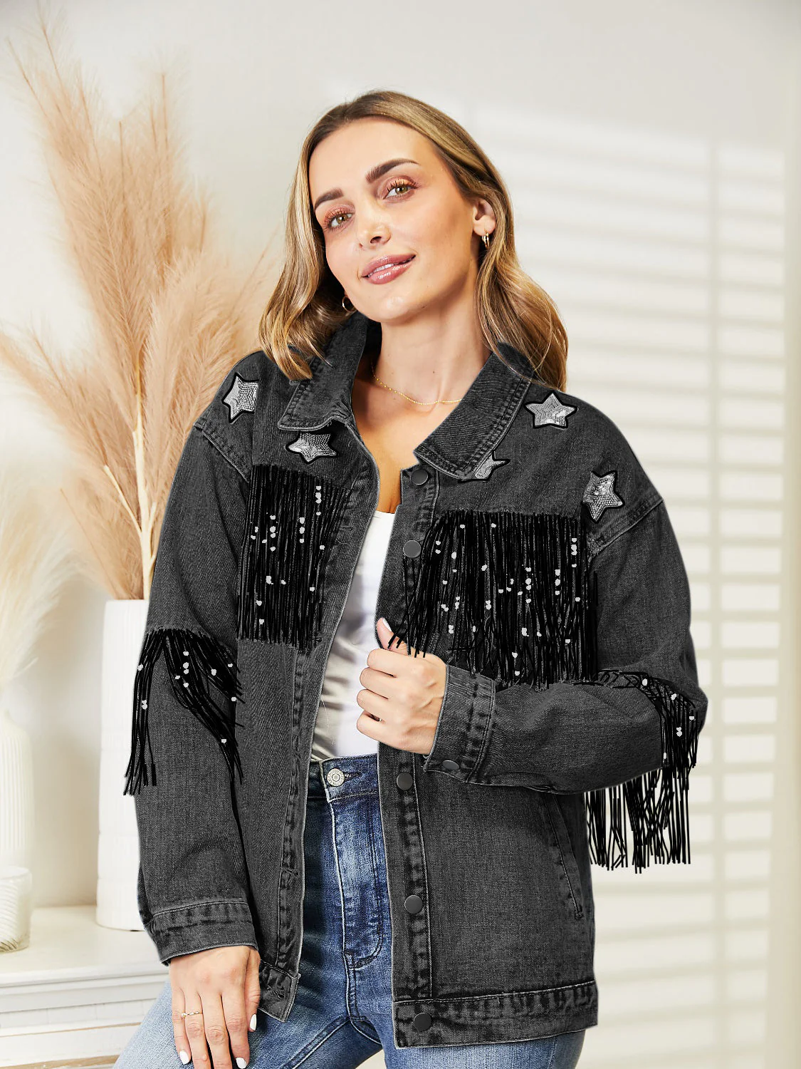 Fringe Detail Long Sleeve Denim Jacket - Image 4