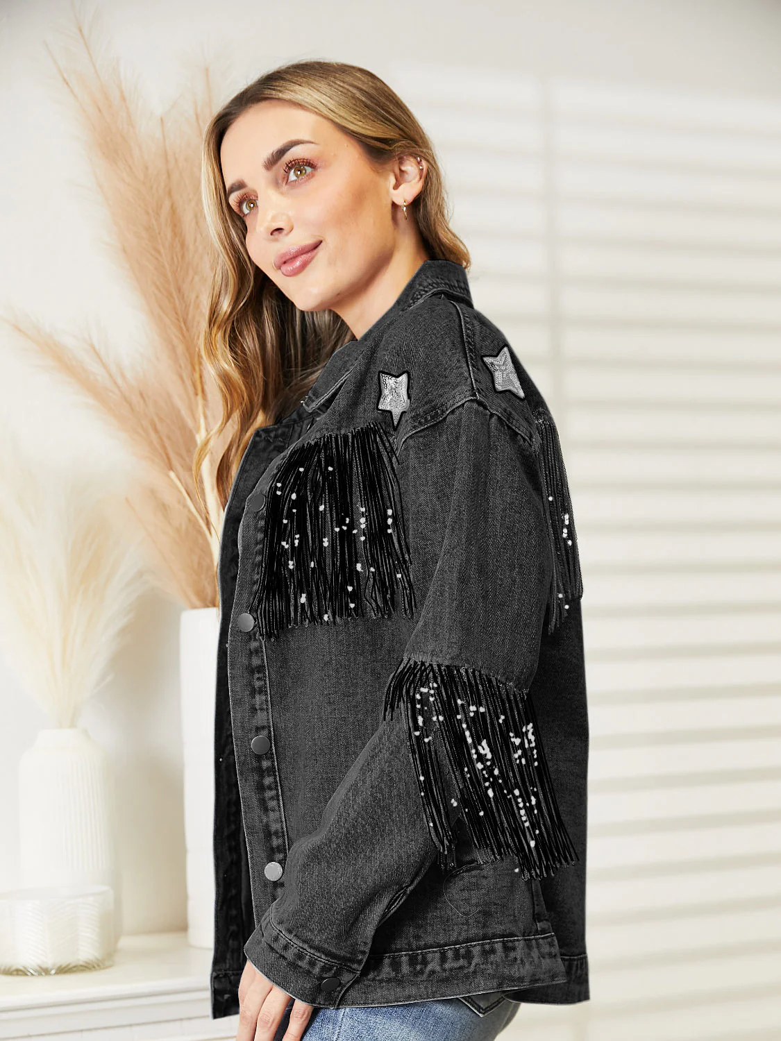 Fringe Detail Long Sleeve Denim Jacket - Image 5