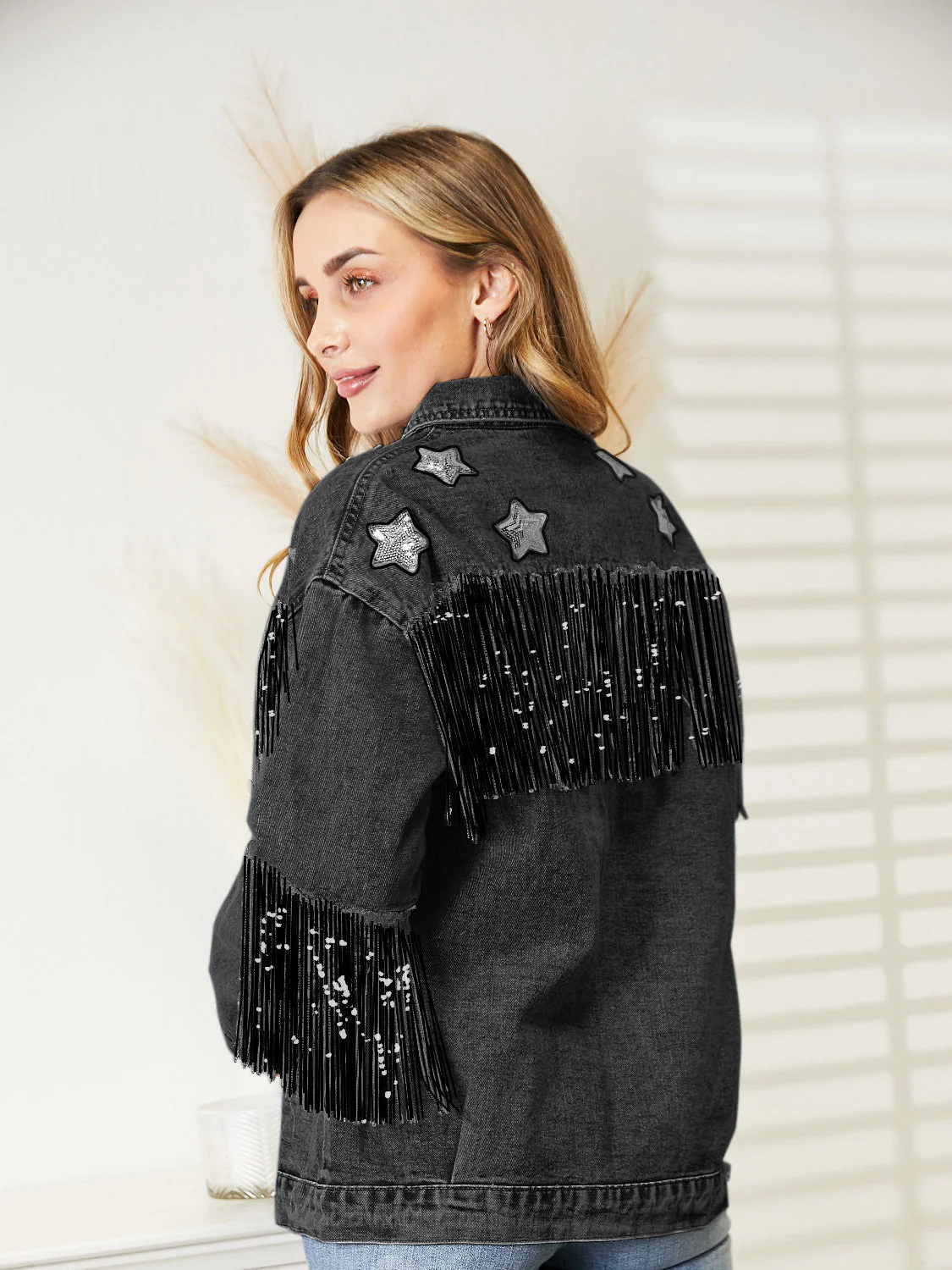 Fringe Detail Long Sleeve Denim Jacket - Image 6