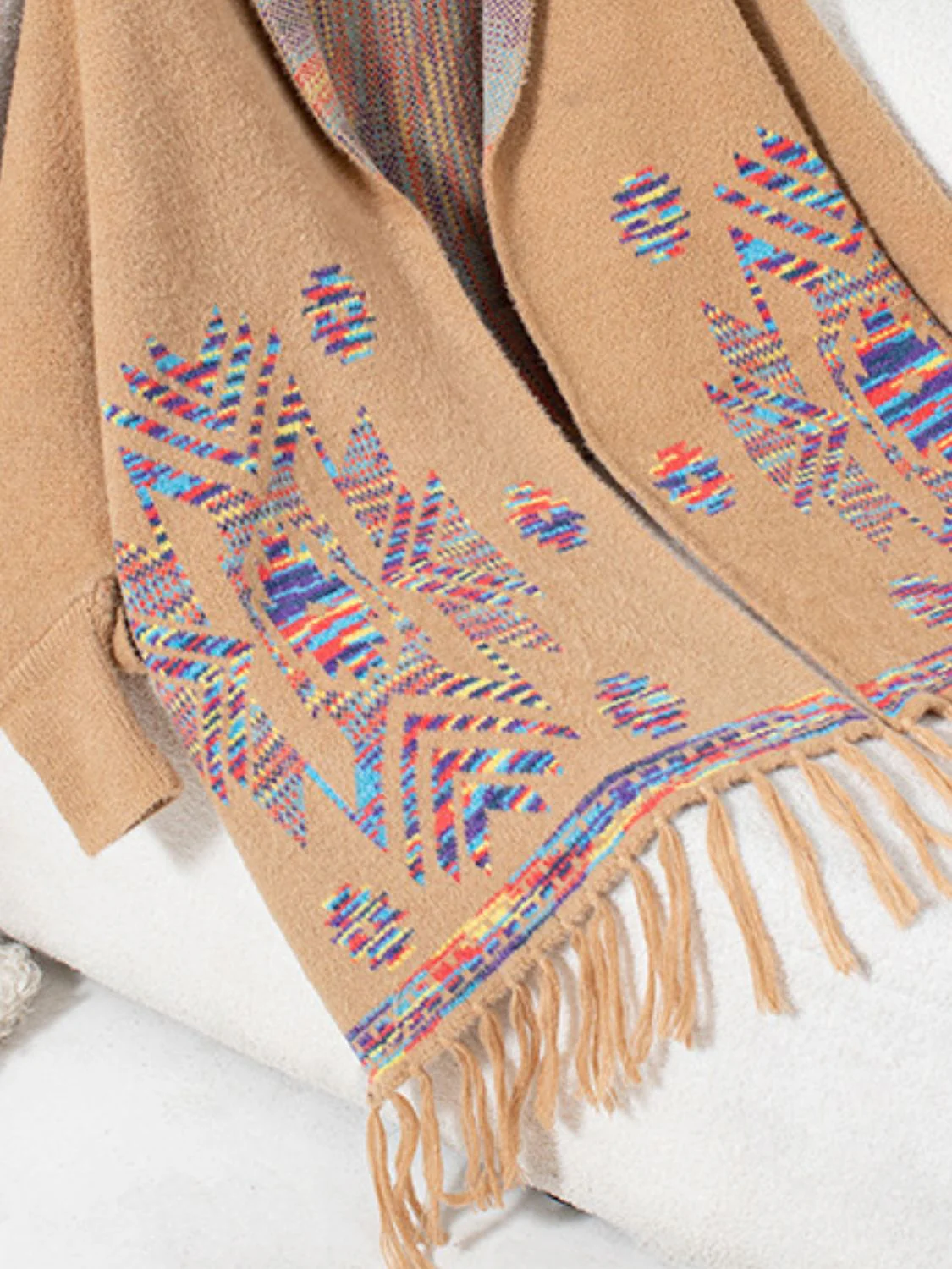 Fringe Geometric Open Front Long Sleeve Cape - Image 10
