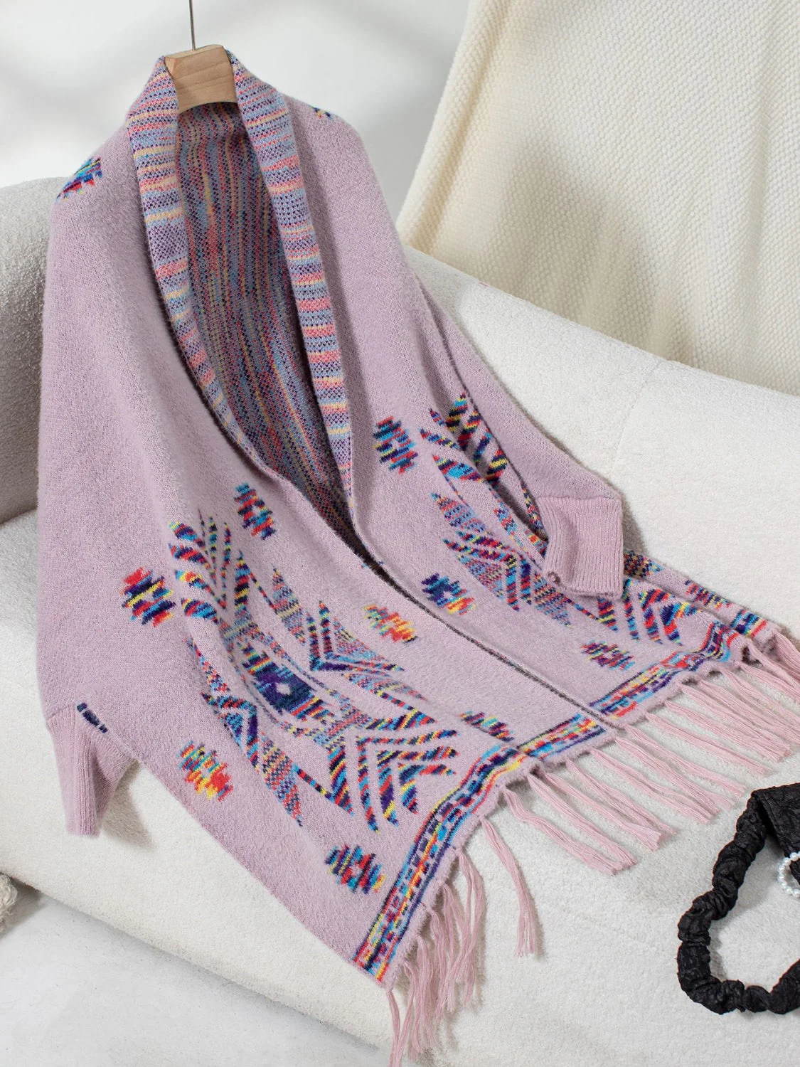 Fringe Geometric Open Front Long Sleeve Cape - Image 11