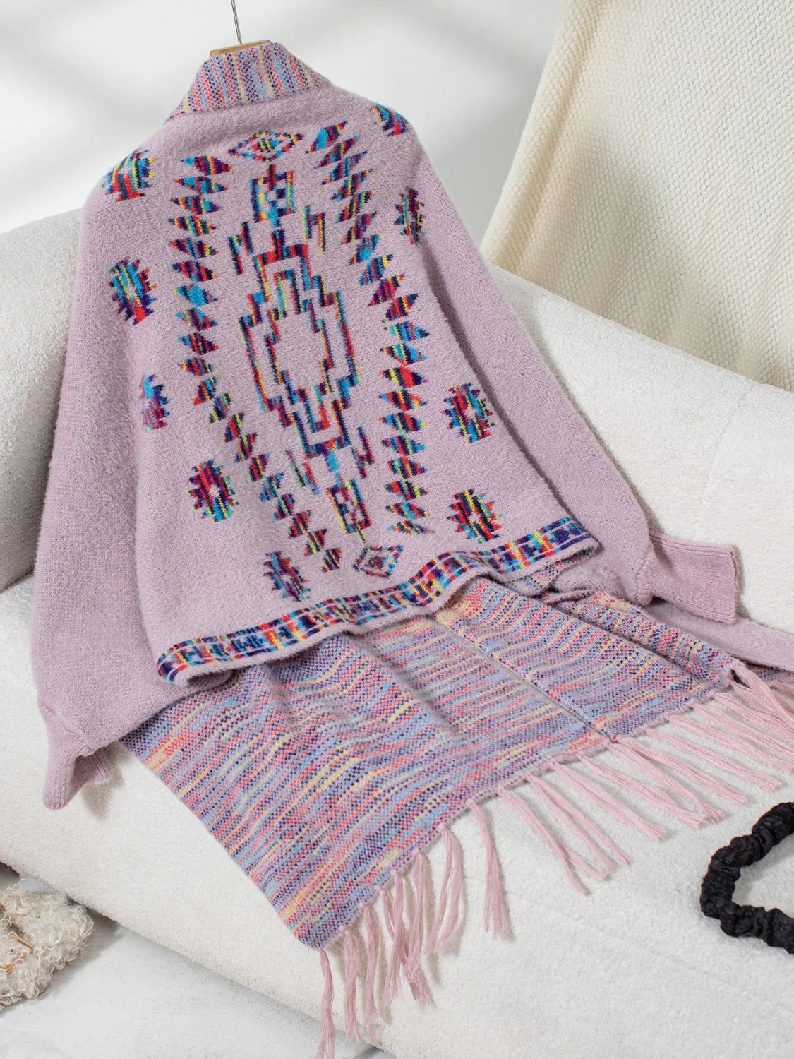 Fringe Geometric Open Front Long Sleeve Cape - Image 12