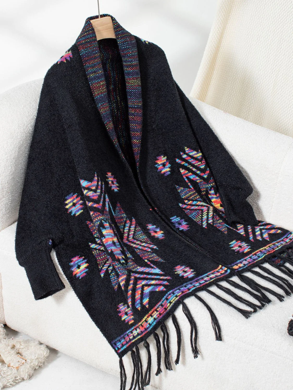 Fringe Geometric Open Front Long Sleeve Cape - Image 14