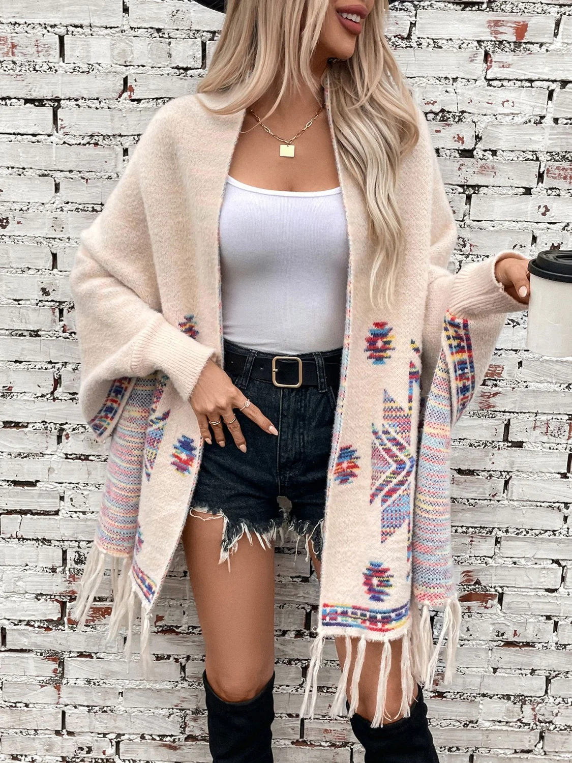 Fringe Geometric Open Front Long Sleeve Cape - Image 4