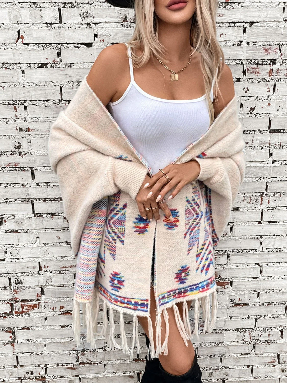 Fringe Geometric Open Front Long Sleeve Cape - Image 5